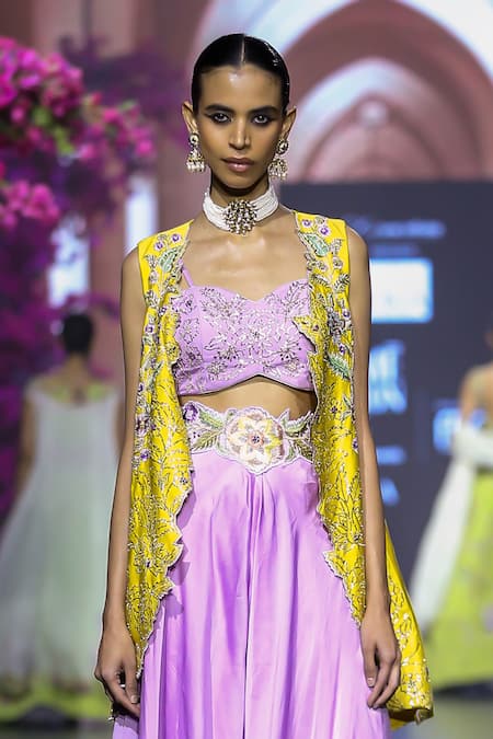 Vikabyarvindampula Purple Organza, Linen, Satin Beads, Zari, Floral Blossom Overcoat Pant Set Online at Aza Fashions Vikabyarvindampula_Purple Organza, Linen, Satin Beads, Zari, Floral Blossom Overcoat Pant Set _Online_at_Aza_Fashions