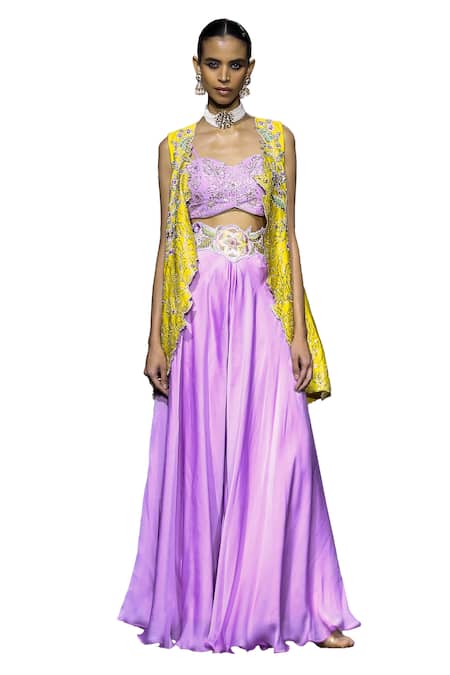 Vikabyarvindampula Purple Organza, Linen, Satin Beads, Zari, Floral Blossom Overcoat Pant Set at Aza Fashions Vikabyarvindampula_Purple Organza, Linen, Satin Beads, Zari, Floral Blossom Overcoat Pant Set _at_Aza_Fashions