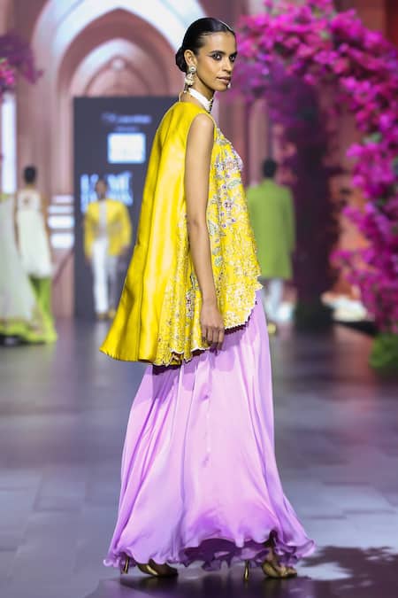 Buy Vikabyarvindampula Purple Organza, Linen, Satin Beads, Zari, Floral Blossom Overcoat Pant Set Buy_Vikabyarvindampula_Purple Organza, Linen, Satin Beads, Zari, Floral Blossom Overcoat Pant Set