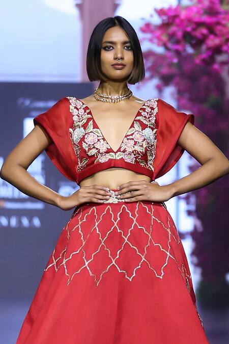 Vikabyarvindampula Red Cotton, Organza, Linen, Crepe Beads, Flower Embroidered Blouse With Lehenga Online at Aza Fashions Vikabyarvindampula_Red Cotton, Organza, Linen, Crepe Beads, Flower Embroidered Blouse With Lehenga _Online_at_Aza_Fashions