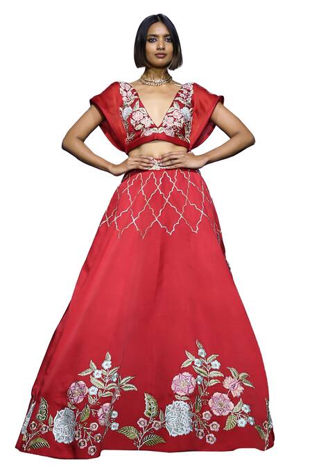 Buy Vikabyarvindampula Red Cotton, Organza, Linen, Crepe Beads, Flower Embroidered Blouse With Lehenga Online at Aza Fashions Buy_Vikabyarvindampula_Red Cotton, Organza, Linen, Crepe Beads, Flower Embroidered Blouse With Lehenga _Online_at_Aza_Fashions