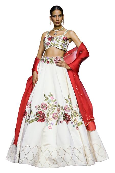 Buy_Vikabyarvindampula_White Cotton, Organza, Linen, Satin, Floral Blossom Embroidered Lehenga Set _Online_at_Aza_Fashions