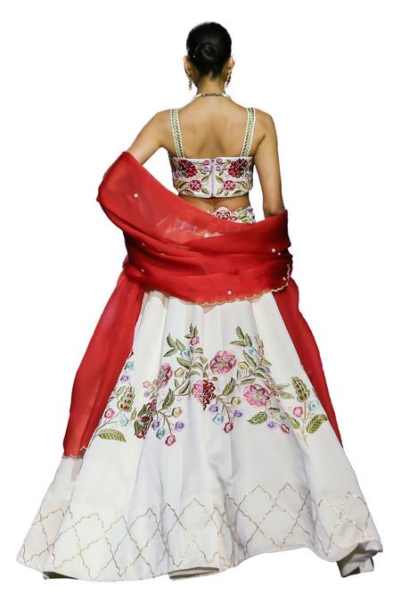 Shop_Vikabyarvindampula_White Cotton, Organza, Linen, Satin, Floral Blossom Embroidered Lehenga Set _Online_at_Aza_Fashions