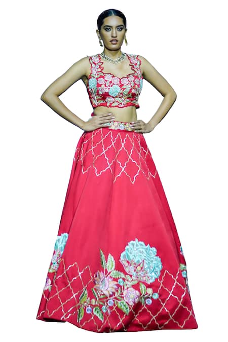 Vikabyarvindampula Red Cotton, Organza, Linen, Crepe Sequins, Flower Vine Lehenga With Blouse Online at Aza Fashions Vikabyarvindampula_Red Cotton, Organza, Linen, Crepe Sequins, Flower Vine Lehenga With Blouse _Online_at_Aza_Fashions