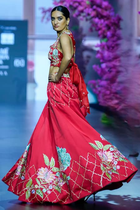 Shop Vikabyarvindampula Red Cotton, Organza, Linen, Crepe Sequins, Flower Vine Lehenga With Blouse Online at Aza Fashions Shop_Vikabyarvindampula_Red Cotton, Organza, Linen, Crepe Sequins, Flower Vine Lehenga With Blouse _Online_at_Aza_Fashions