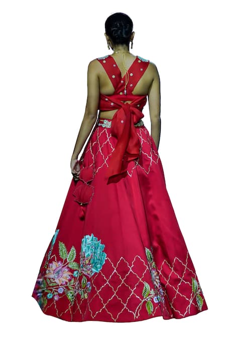 Vikabyarvindampula Red Cotton, Organza, Linen, Crepe Sequins, Flower Vine Lehenga With Blouse at Aza Fashions Vikabyarvindampula_Red Cotton, Organza, Linen, Crepe Sequins, Flower Vine Lehenga With Blouse _at_Aza_Fashions