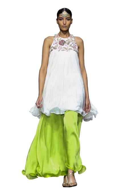 Vikabyarvindampula Ivory Organza, Linen, Satin Embroidery Round Floral Yoke Tunic With Sharara Online at Aza Fashions Vikabyarvindampula_Ivory Organza, Linen, Satin Embroidery Round Floral Yoke Tunic With Sharara _Online_at_Aza_Fashions