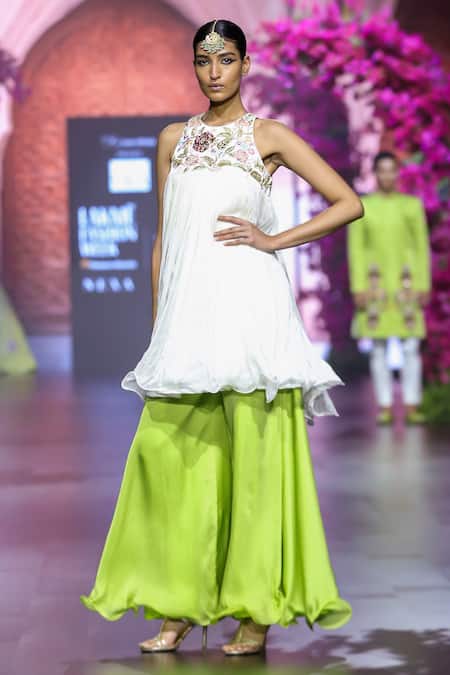 Shop Vikabyarvindampula Ivory Organza, Linen, Satin Embroidery Round Floral Yoke Tunic With Sharara Online at Aza Fashions Shop_Vikabyarvindampula_Ivory Organza, Linen, Satin Embroidery Round Floral Yoke Tunic With Sharara _Online_at_Aza_Fashions