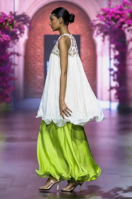 Vikabyarvindampula Ivory Organza, Linen, Satin Embroidery Round Floral Yoke Tunic With Sharara at Aza Fashions Vikabyarvindampula_Ivory Organza, Linen, Satin Embroidery Round Floral Yoke Tunic With Sharara _at_Aza_Fashions