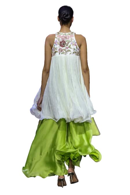 Buy Vikabyarvindampula Ivory Organza, Linen, Satin Embroidery Round Floral Yoke Tunic With Sharara Buy_Vikabyarvindampula_Ivory Organza, Linen, Satin Embroidery Round Floral Yoke Tunic With Sharara