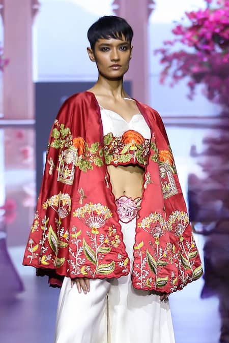 Vikabyarvindampula_Red Organza, Linen, Cotton Embroidery Scoop Neck Dandelion Cape Sharara Set _Online_at_Aza_Fashions