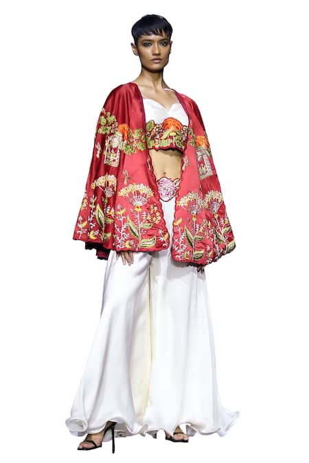 Buy_Vikabyarvindampula_Red Organza, Linen, Cotton Embroidery Scoop Neck Dandelion Cape Sharara Set _Online_at_Aza_Fashions