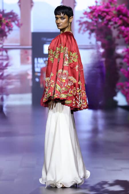 Vikabyarvindampula_Red Organza, Linen, Cotton Embroidery Scoop Neck Dandelion Cape Sharara Set _at_Aza_Fashions