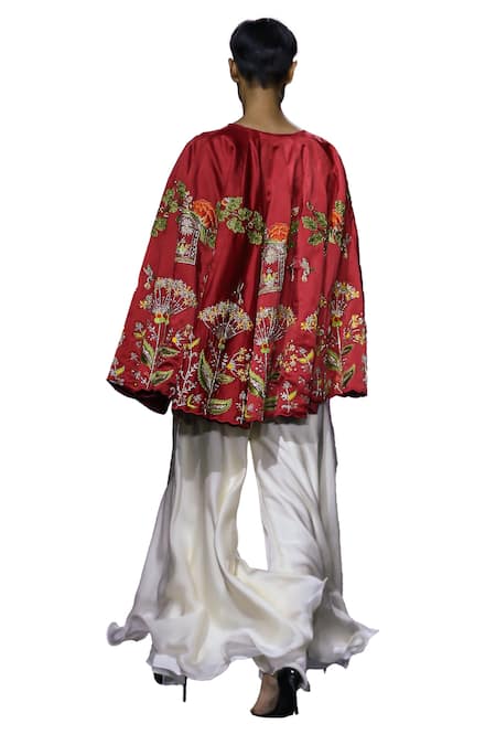 Buy_Vikabyarvindampula_Red Organza, Linen, Cotton Embroidery Scoop Neck Dandelion Cape Sharara Set 