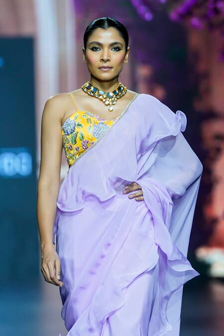 Vikabyarvindampula Purple Organza, Linen, Satin, Cotton Ruffled Saree With Floral Blouse Online at Aza Fashions Vikabyarvindampula_Purple Organza, Linen, Satin, Cotton Ruffled Saree With Floral Blouse _Online_at_Aza_Fashions