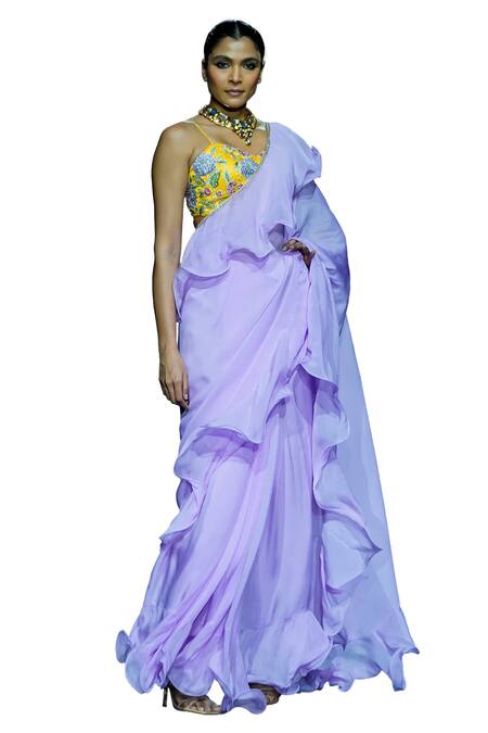 Buy Vikabyarvindampula Purple Organza, Linen, Satin, Cotton Ruffled Saree With Floral Blouse Online at Aza Fashions Buy_Vikabyarvindampula_Purple Organza, Linen, Satin, Cotton Ruffled Saree With Floral Blouse _Online_at_Aza_Fashions