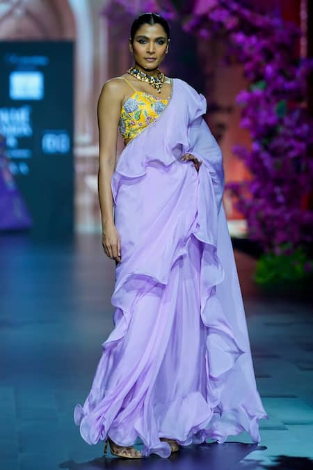 Shop Vikabyarvindampula Purple Organza, Linen, Satin, Cotton Ruffled Saree With Floral Blouse Online at Aza Fashions Shop_Vikabyarvindampula_Purple Organza, Linen, Satin, Cotton Ruffled Saree With Floral Blouse _Online_at_Aza_Fashions