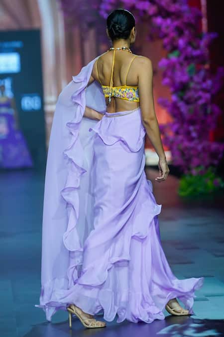 Vikabyarvindampula Purple Organza, Linen, Satin, Cotton Ruffled Saree With Floral Blouse at Aza Fashions Vikabyarvindampula_Purple Organza, Linen, Satin, Cotton Ruffled Saree With Floral Blouse _at_Aza_Fashions