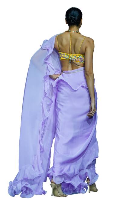 Buy Vikabyarvindampula Purple Organza, Linen, Satin, Cotton Ruffled Saree With Floral Blouse Buy_Vikabyarvindampula_Purple Organza, Linen, Satin, Cotton Ruffled Saree With Floral Blouse