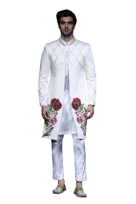 Vikabyarvindampula Ivory Chanderi, Linen, Cotton Embroidery Floral Sherwani Pant Set Online at Aza Fashions Vikabyarvindampula_Ivory Chanderi, Linen, Cotton Embroidery Floral Sherwani Pant Set _Online_at_Aza_Fashions