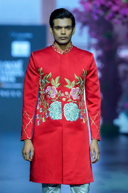 Vikabyarvindampula Red Chanderi, Linen, Cotton Embroidery Floral Sherwani With Pant Online at Aza Fashions Vikabyarvindampula_Red Chanderi, Linen, Cotton Embroidery Floral Sherwani With Pant _Online_at_Aza_Fashions