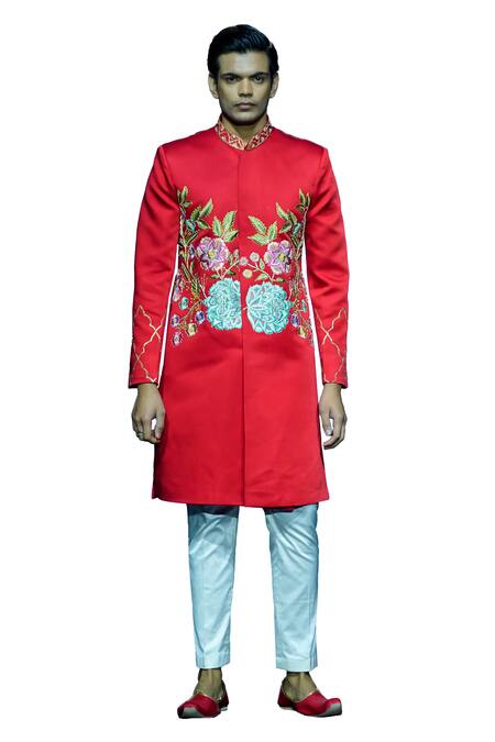 Buy Vikabyarvindampula Red Chanderi, Linen, Cotton Embroidery Floral Sherwani With Pant Online at Aza Fashions Buy_Vikabyarvindampula_Red Chanderi, Linen, Cotton Embroidery Floral Sherwani With Pant _Online_at_Aza_Fashions