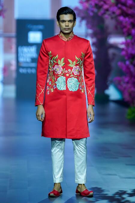 Shop Vikabyarvindampula Red Chanderi, Linen, Cotton Embroidery Floral Sherwani With Pant Online at Aza Fashions Shop_Vikabyarvindampula_Red Chanderi, Linen, Cotton Embroidery Floral Sherwani With Pant _Online_at_Aza_Fashions