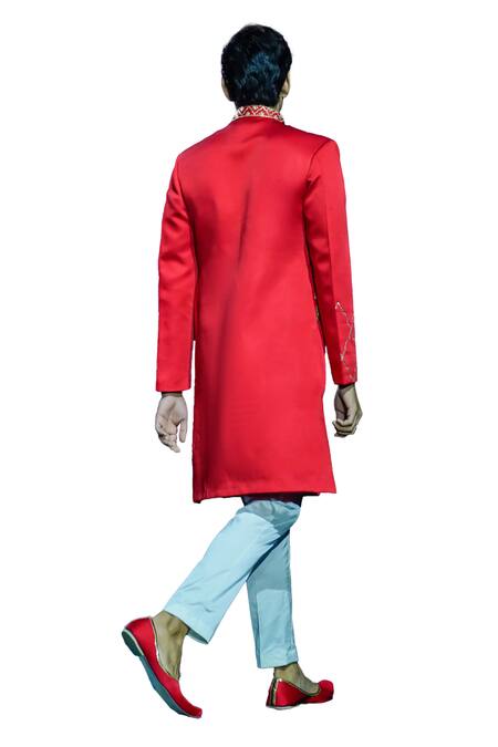 Vikabyarvindampula Red Chanderi, Linen, Cotton Embroidery Floral Sherwani With Pant at Aza Fashions Vikabyarvindampula_Red Chanderi, Linen, Cotton Embroidery Floral Sherwani With Pant _at_Aza_Fashions