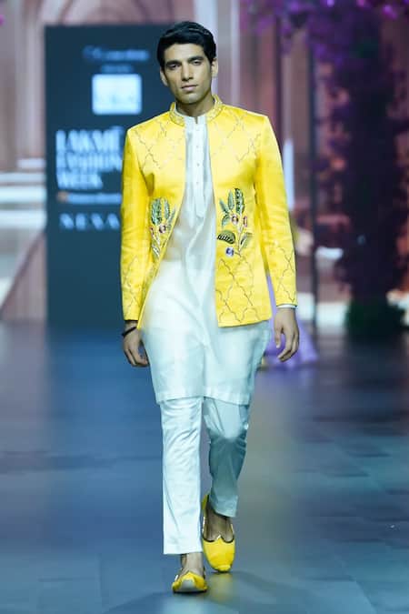 Vikabyarvindampula_Yellow Chanderi, Linen, Cotton Embroidery Floral Bandhgala Kurta Set _Online_at_Aza_Fashions