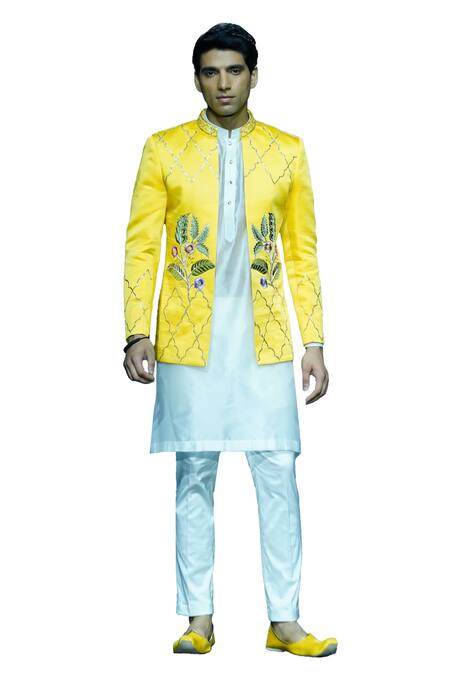Buy_Vikabyarvindampula_Yellow Chanderi, Linen, Cotton Embroidery Floral Bandhgala Kurta Set _Online_at_Aza_Fashions