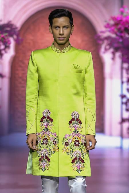 Vikabyarvindampula_Green Chanderi, Linen, Satin, Cotton Flower Bouquet Sherwani With Pant _Online_at_Aza_Fashions