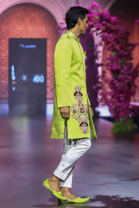 Shop_Vikabyarvindampula_Green Chanderi, Linen, Satin, Cotton Flower Bouquet Sherwani With Pant _Online_at_Aza_Fashions