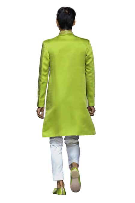 Vikabyarvindampula_Green Chanderi, Linen, Satin, Cotton Flower Bouquet Sherwani With Pant _at_Aza_Fashions