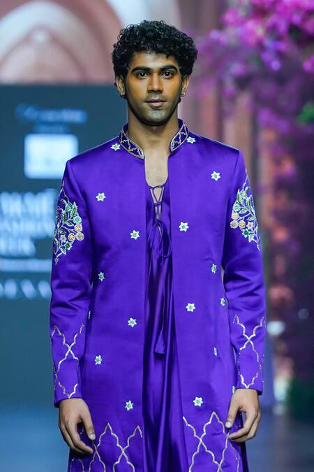 Vikabyarvindampula Purple Chanderi, Linen, Cotton, Satin Quatrefoil Sherwani Churidar Set Online at Aza Fashions Vikabyarvindampula_Purple Chanderi, Linen, Cotton, Satin Quatrefoil Sherwani Churidar Set _Online_at_Aza_Fashions