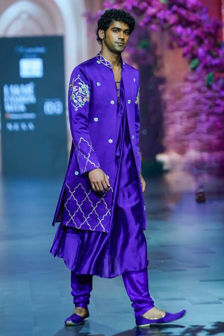 Shop Vikabyarvindampula Purple Chanderi, Linen, Cotton, Satin Quatrefoil Sherwani Churidar Set Online at Aza Fashions Shop_Vikabyarvindampula_Purple Chanderi, Linen, Cotton, Satin Quatrefoil Sherwani Churidar Set _Online_at_Aza_Fashions