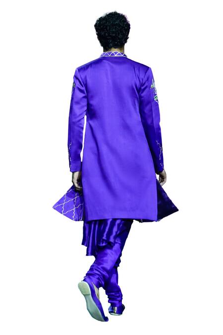 Vikabyarvindampula Purple Chanderi, Linen, Cotton, Satin Quatrefoil Sherwani Churidar Set at Aza Fashions Vikabyarvindampula_Purple Chanderi, Linen, Cotton, Satin Quatrefoil Sherwani Churidar Set _at_Aza_Fashions