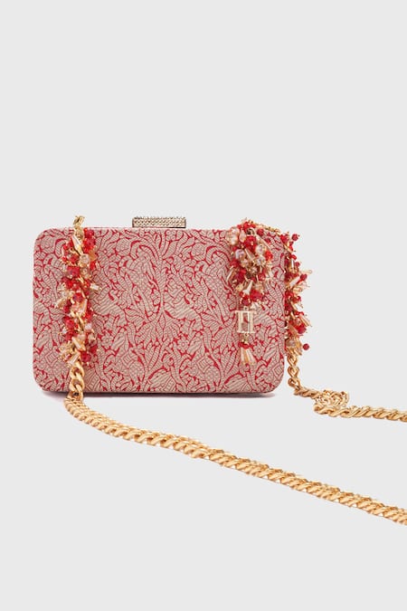 Shop_Tarun Tahiliani_Red Beads, Tassels Embellished Structured Clutch _at_Aza_Fashions