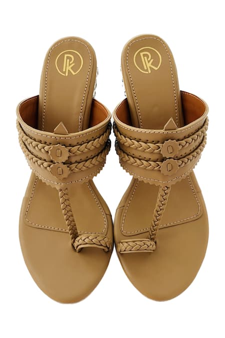Shop_Preet Kaur_Brown Stones Aurum Hand Embellished Kolhapuri Heels _at_Aza_Fashions