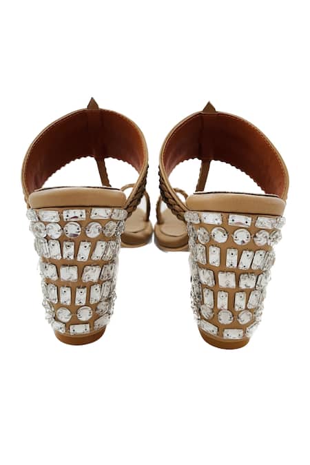 Shop_Preet Kaur_Brown Stones Aurum Hand Embellished Kolhapuri Heels _Online_at_Aza_Fashions