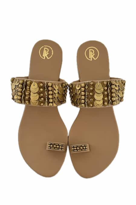 Shop_Preet Kaur_Brown Bohemian Embellished Thumb Flats _at_Aza_Fashions