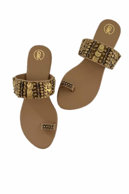 Preet Kaur_Brown Bohemian Embellished Thumb Flats _Online_at_Aza_Fashions