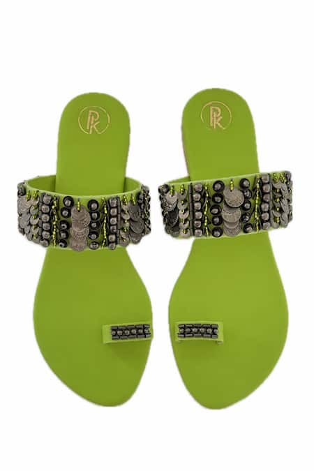 Shop_Preet Kaur_Green Bohemian Coins Embellished Thumb Flats _at_Aza_Fashions