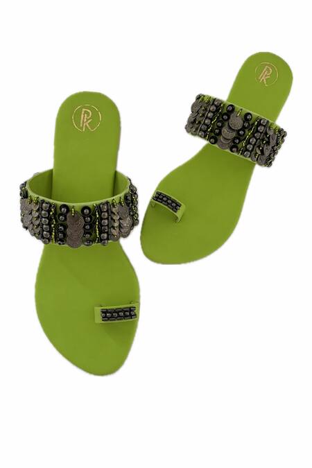 Preet Kaur Green Bohemian Coins Embellished Thumb Flats Online at Aza Fashions Preet Kaur_Green Bohemian Coins Embellished Thumb Flats _Online_at_Aza_Fashions