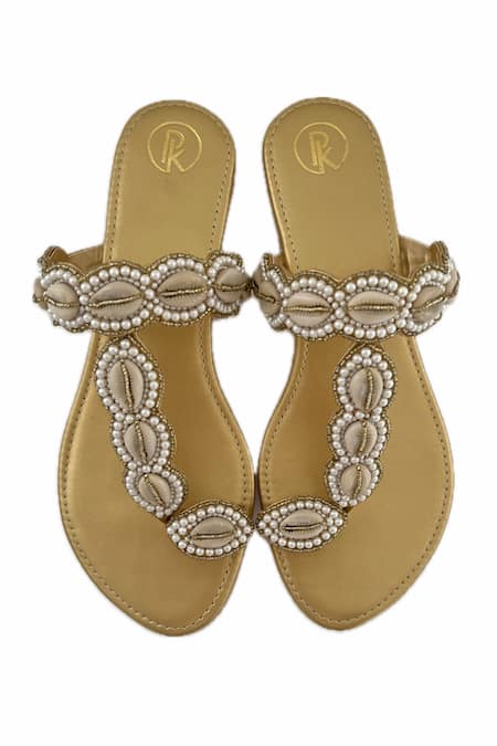 Shop_Preet Kaur_Gold Cowrie Embroidered Kolhapuri Flats _at_Aza_Fashions
