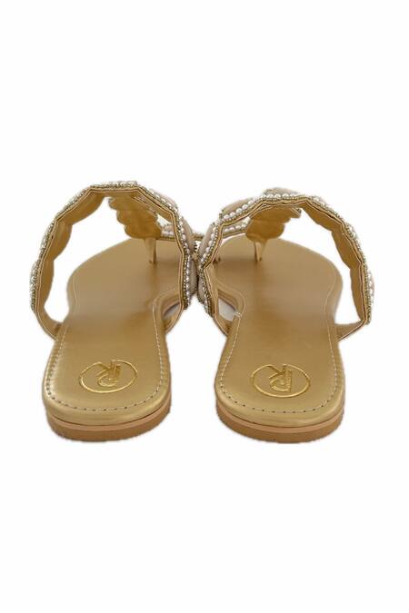 Buy_Preet Kaur_Gold Cowrie Embroidered Kolhapuri Flats _Online_at_Aza_Fashions