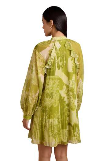Pankaj & Nidhi_Green Chiffon, Silk Organza Mandarin Alba Tropical Print Accordion Pleated Dress _at_Aza_Fashions