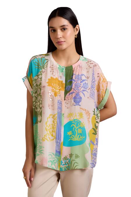 Buy Pankaj & Nidhi Multi Color Silk, Crepe Sequins Round Neck Arch Damask Bloom Print Boxy Top Online at Aza Fashions Buy_Pankaj & Nidhi_Multi Color Silk, Crepe Sequins Round Neck Arch Damask Bloom Print Boxy Top _Online_at_Aza_Fashions