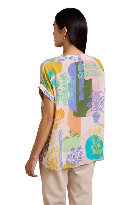 Shop Pankaj & Nidhi Multi Color Silk, Crepe Sequins Round Neck Arch Damask Bloom Print Boxy Top Online at Aza Fashions Shop_Pankaj & Nidhi_Multi Color Silk, Crepe Sequins Round Neck Arch Damask Bloom Print Boxy Top _Online_at_Aza_Fashions