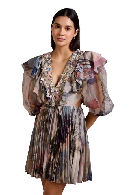 Shop Pankaj & Nidhi Multi Color Organza, Cora Botanic Floral Print Ruffle Pleated Short Dress Online at Aza Fashions Shop_Pankaj & Nidhi_Multi Color Organza, Cora Botanic Floral Print Ruffle Pleated Short Dress _Online_at_Aza_Fashions