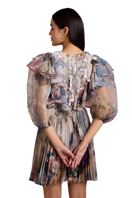 Pankaj & Nidhi Multi Color Organza, Cora Botanic Floral Print Ruffle Pleated Short Dress at Aza Fashions Pankaj & Nidhi_Multi Color Organza, Cora Botanic Floral Print Ruffle Pleated Short Dress _at_Aza_Fashions